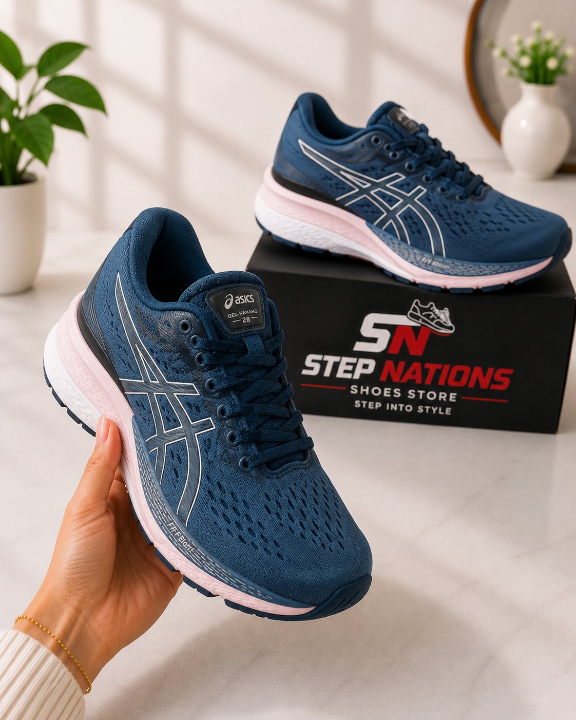 Original ASICS GEL-KAYANO 28 Running Shoes – Navy Blue/Pink | Premium Cushioned Sports Shoes