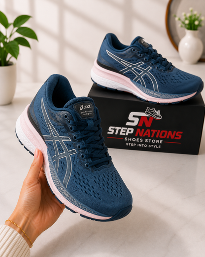 Original ASICS GEL-KAYANO 28 Running Shoes – Navy Blue/Pink | Premium Cushioned Sports Shoes