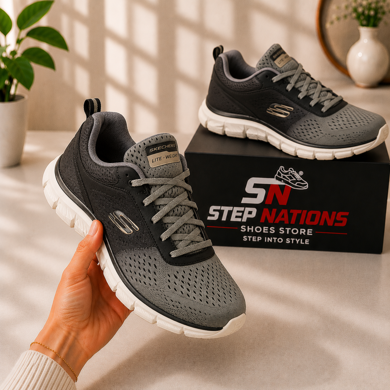 Original Skechers Lite-Weight Memory Foam Running Shoes – Grey/Black