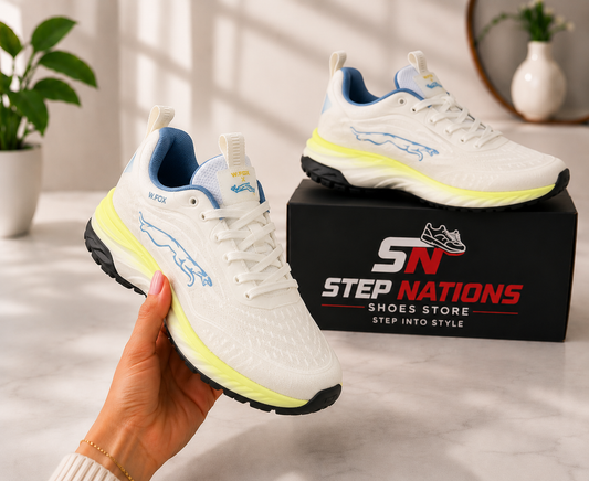 Men's W.FOX White & Neon Running Shoes – Lightweight Air Cushion Sports Sneakers