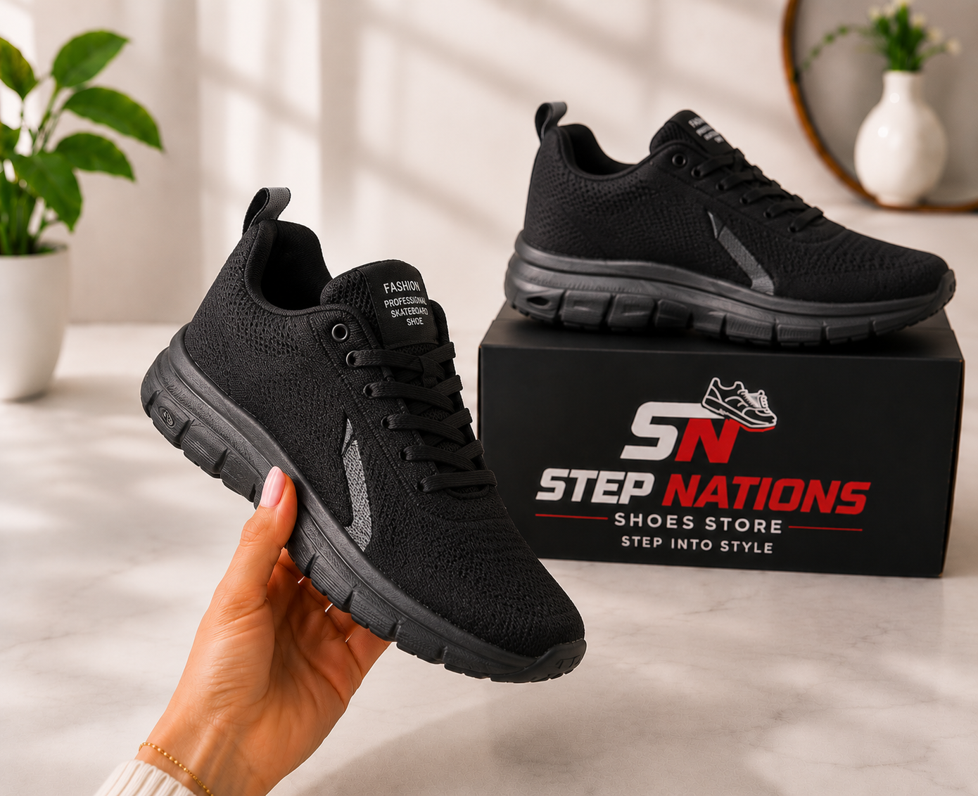 All-Black Knit Walking & Running Shoes – Lightweight Breathable Sports Sneakers