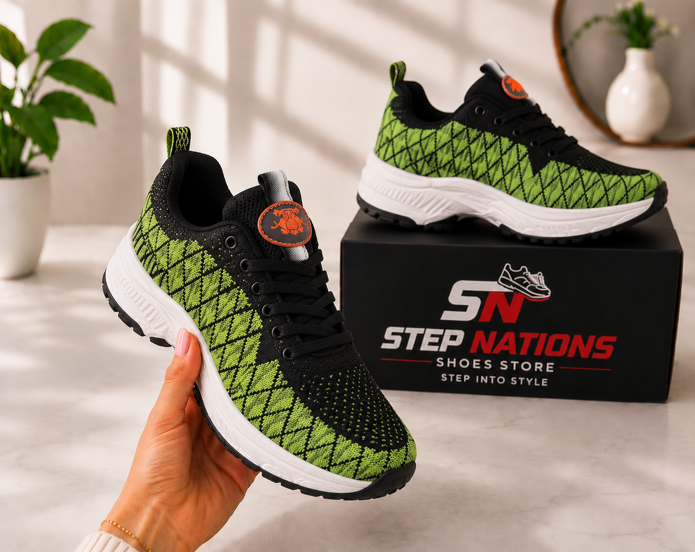 Men's Green & Black Knit Running Shoes – Lightweight Breathable Sports Sneakers