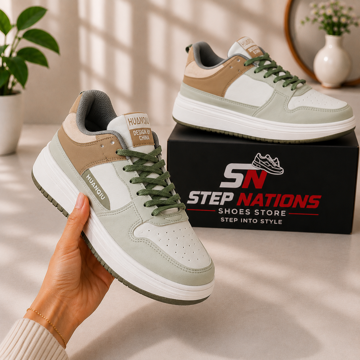 ORIGINAL HUANQIU Premium Lifestyle Sneakers – White/Olive Green